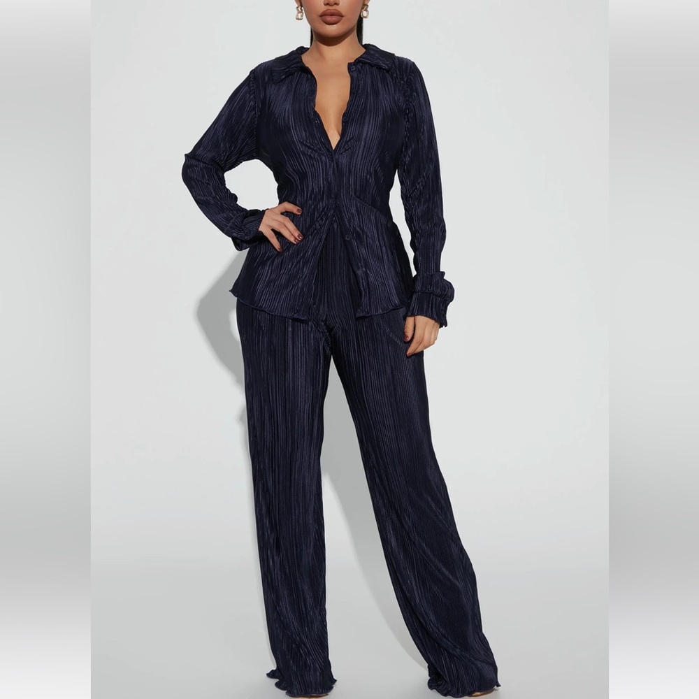Plisse Pant Set - Navy - Small